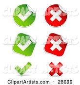 Set of Peeling Square and Circle Green and Red Check Mark and X Mark Stickers