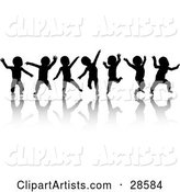 Seven Black Silhouetted Dancing Babies on White, with Reflections