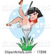 Sexy Black Haired Woman Holding a Golf Club Between Her Legs and Leaning Back on a Golf Tee in Grass