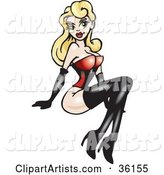 Sexy Blond Bombshell Pinup Girl in a Red Bodice, Black Gloves, and Boots