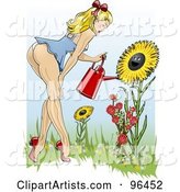 Sexy Blond Pinup Woman Bending over to Water Sunflowers in Her Garden