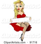 Sexy Blond Pinup Woman in a Red Dress, Holding a Blank Sign over Her Lap