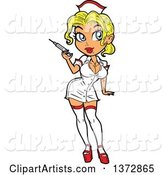 Sexy Blond White Nurse Pinup Woman Holding a Syringe