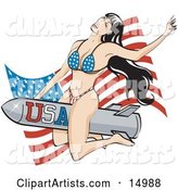 Sexy Brunette Woman in a Stars and Stripes Bikini, Riding a Rocket in Front of an American Flag
