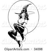 Sexy, Flirty, Young Witch in Tall Boots and a Pointy Hat, Her Bra Strap over Her Shoulder, Sitting in Front of a Full Moon