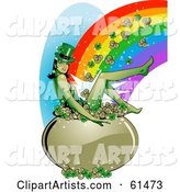 Sexy Leprechaun Woman Sitting in a Pot of Gold and Clovers at the End of a Rainbow