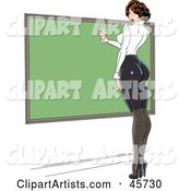 Sexy Pinup Female Teacher Wearing Tight Clothes and Writing on a Chalk Board