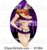 Sexy Pinup Woman in Purple, Wearing a Hat and Standing with Her Hands on Her Hips