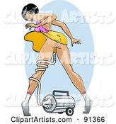 Sexy Pinup Woman Tangled in a Vacuum Hose That Is Blowing up Her Dress