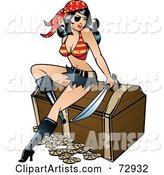 Sexy Pirate Pinup Woman with a Peg Leg, Sitting on a Treasure Chest