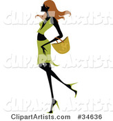Sexy Silhouetted Woman with Long Brown Hair, Dressed in Green, Walking past with a Purse on Her Arm