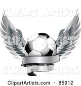 Shiny Soccer Ball with Silver Feathered Wings and a Blank Banner