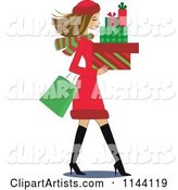 Shopping Brunette Christmas Woman Carrying Gift Boxes