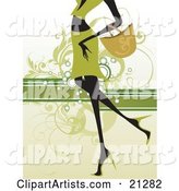 Shopping Woman in Green, Carrying a Purse on Her Arm and Walking in Heels, over a Green Scrolled Background