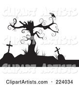 Silhouette of a Crow Perched on a Dead Tree over Tombstones