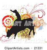 Silhouetted Cowboy Holding onto the Back of a Bucking Rodeo Bull over a Target and Scroll Background