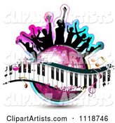 Silhouetted Dancers on a Disco Ball with a Keyboard and Music Notes