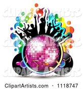 Silhouetted Dancers on a Disco Ball with a Record Album and Music Notes