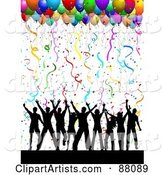 Silhouetted Dancing Group Under Confetti and Party Balloons on White
