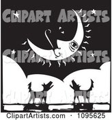 Silhouetted Dogs Barking Under a Crescent Moon Black and White Woodcut