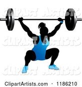 Silhouetted Female Bodybuilder Lifting a Heavy Barbell and Wearing Blue
