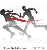Silhouetted Female Runner Beating a Man to the Finish Line
