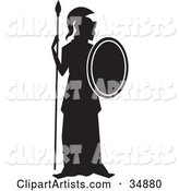 Silhouetted Guard Standing Tall with a Spear and Shield