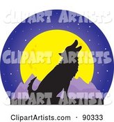 Silhouetted Howling Wolf in Front of a Full Moon and Mountains