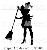 Silhouetted Maid Smiling and Sweeping