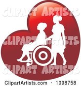 Silhouetted Nurse Helping an Elderly Woman in a Wheelchair on a Red Heart