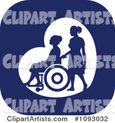 Silhouetted Nurse Helping an Elderly Woman in a Wheelchair over a Blue Square