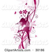 Silhouetted Pink Woman Prancing and Dancing on a Background of Vines, Flowers and Butterflies