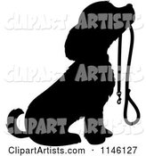 Silhouetted Puppy Sitting with a Leash in Its Mouth