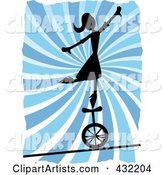 Silhouetted Woman Balancing on a Unicycle over a Tightrope over Blue Swirls