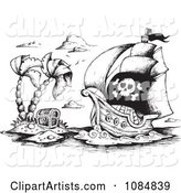 Sketched Drawing of a Pirate Ship and Treasure Island