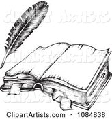 Sketched Drawing of an Open Book and Feather Quill