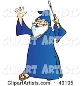 Smiling Old Wizard with White Facial Hair, Holding up His Wand