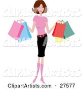 Smiling Slender Caucasian Woman in Pink Boots, a Pink Shirt and Pencil Skirt, Holding Colorful Shopping Bags