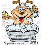 Sparkey Dog Holding a Scrub Brush and Bar of Soap While Bathing in a Metal Tub