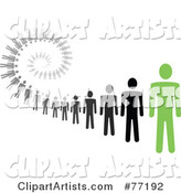 Spiral of Black and Gray Paper People Standing Behind a Green Leader - Version 1