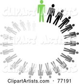 Spiraling Circle of Black and Gray Paper People Standing Behind a Green Leader