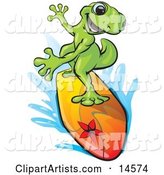 Sporty Green Gecko Riding a Colorful Surfboard and Rushing Through Blue Water