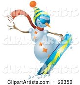 Sporty Snowman Wearing a Hat and Scarf, Snowboarding on Slopes
