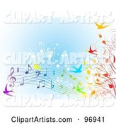 Spring Time Background of Colorful Swallows, Vines and Music Notes over Blue Grunge