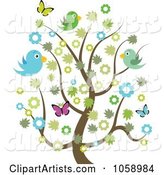 Spring Tree with Blossoms, Butterflies and Birds