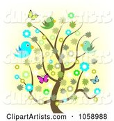 Spring Tree with Flowers, Butterflies and Birds
