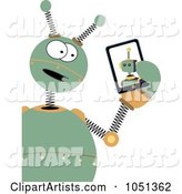 Springy Green Robot Holding a Tablet