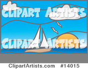 Stained Glass Window of Seagulls Flying over a Sailboat on the Ocean at Sunset