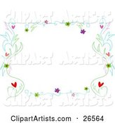 Stationery Border of Twirly Vines with Pink, Green and Purple Flowers and Hearts, over White