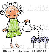 Stick Drawing of a Happy Girl Watering Flowers in Her Garden